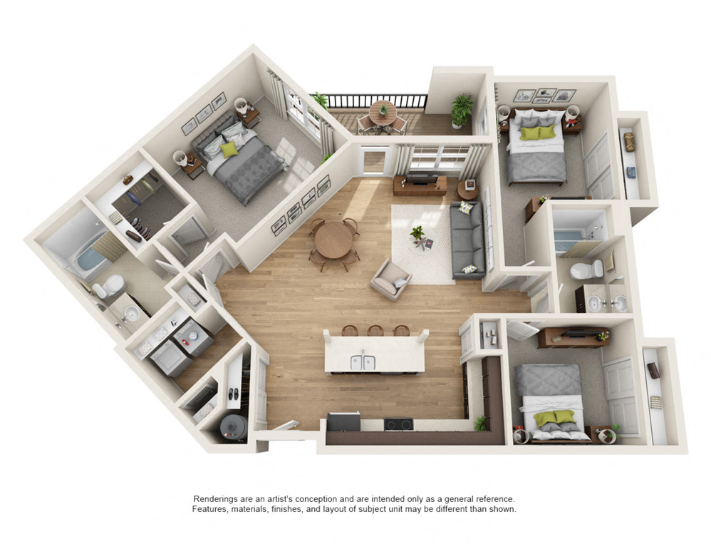 Floor plan for 3 beds, 2 baths, 1334 sqft